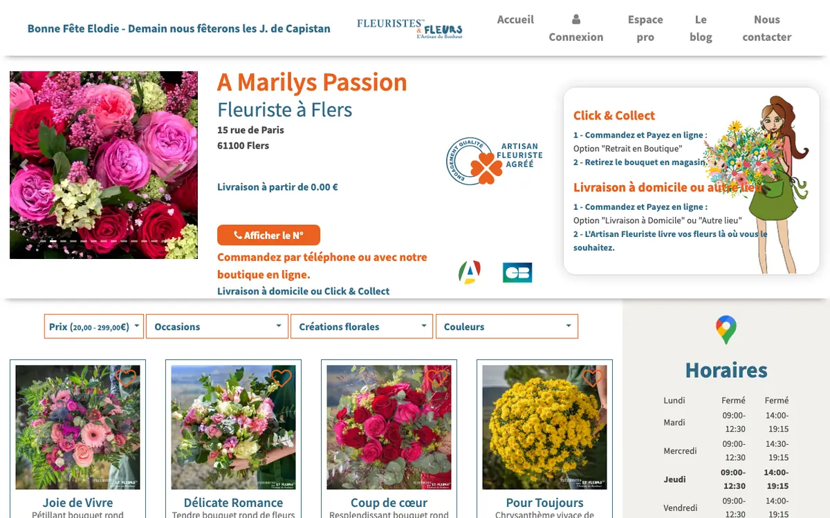 Page de A Marilys Passion sur le site fleuristes-et-fleurs.com, capture d’écran
