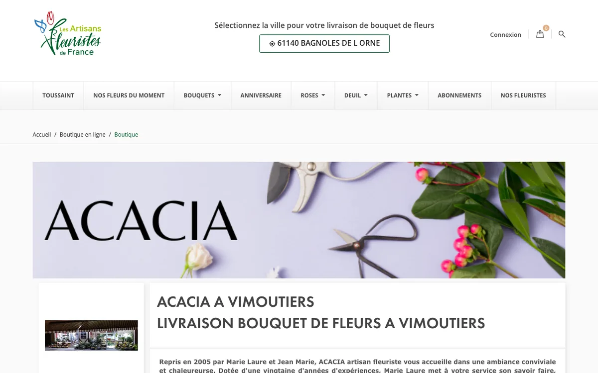 Page de ACACIA artisan fleuriste sur le site artisansfleuristesdefrance.com, capture d’écran