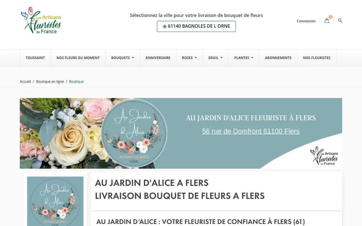 Page d’Au Jardin d'Alice sur le site artisansfleuristesdefrance.com, capture d’écran