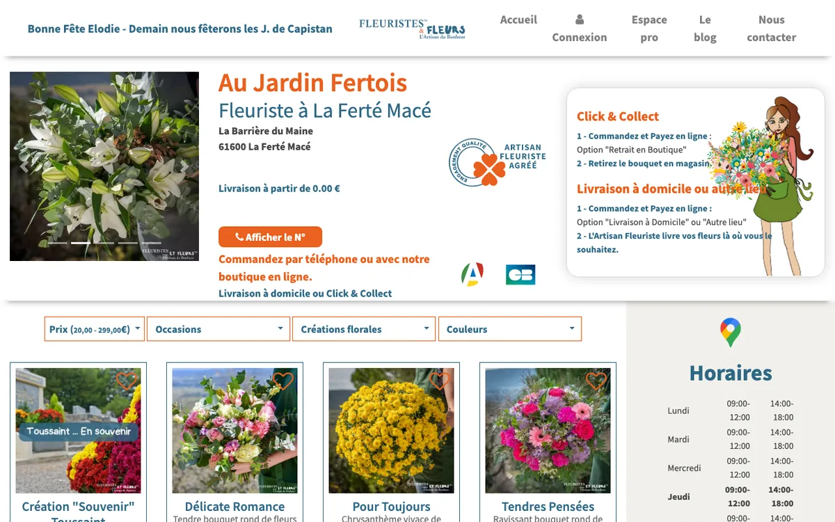 Page d’Au Jardin Fertois sur le site fleuristes-et-fleurs.com, capture d’écran