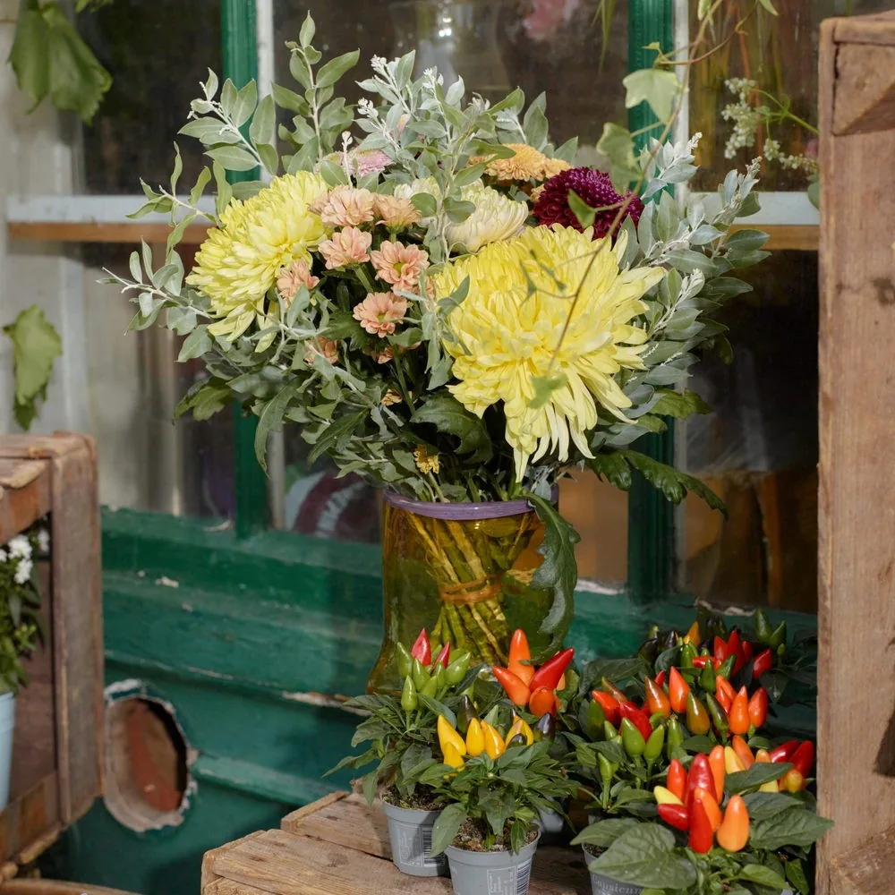 Bouquet de dahlias et de fleurs d’automne posé devant la vitrine