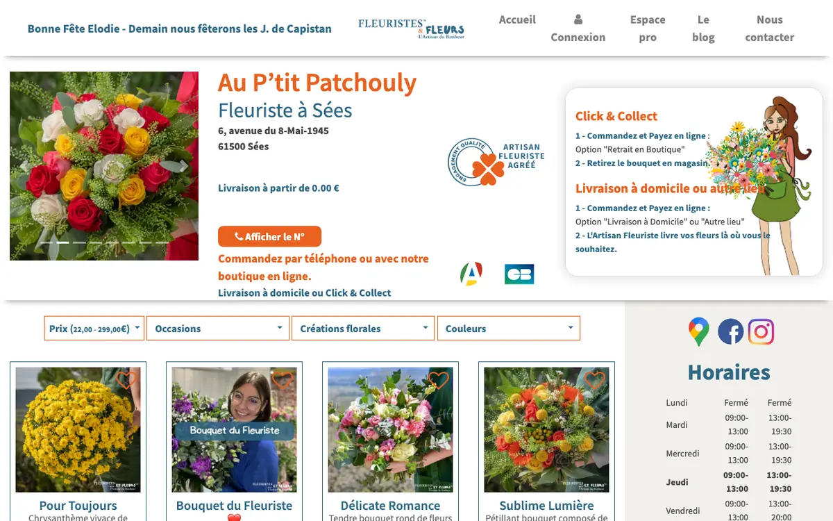 Page d’Au P’tit Patchouly sur le site fleuristes-et-fleurs.com, capture d’écran