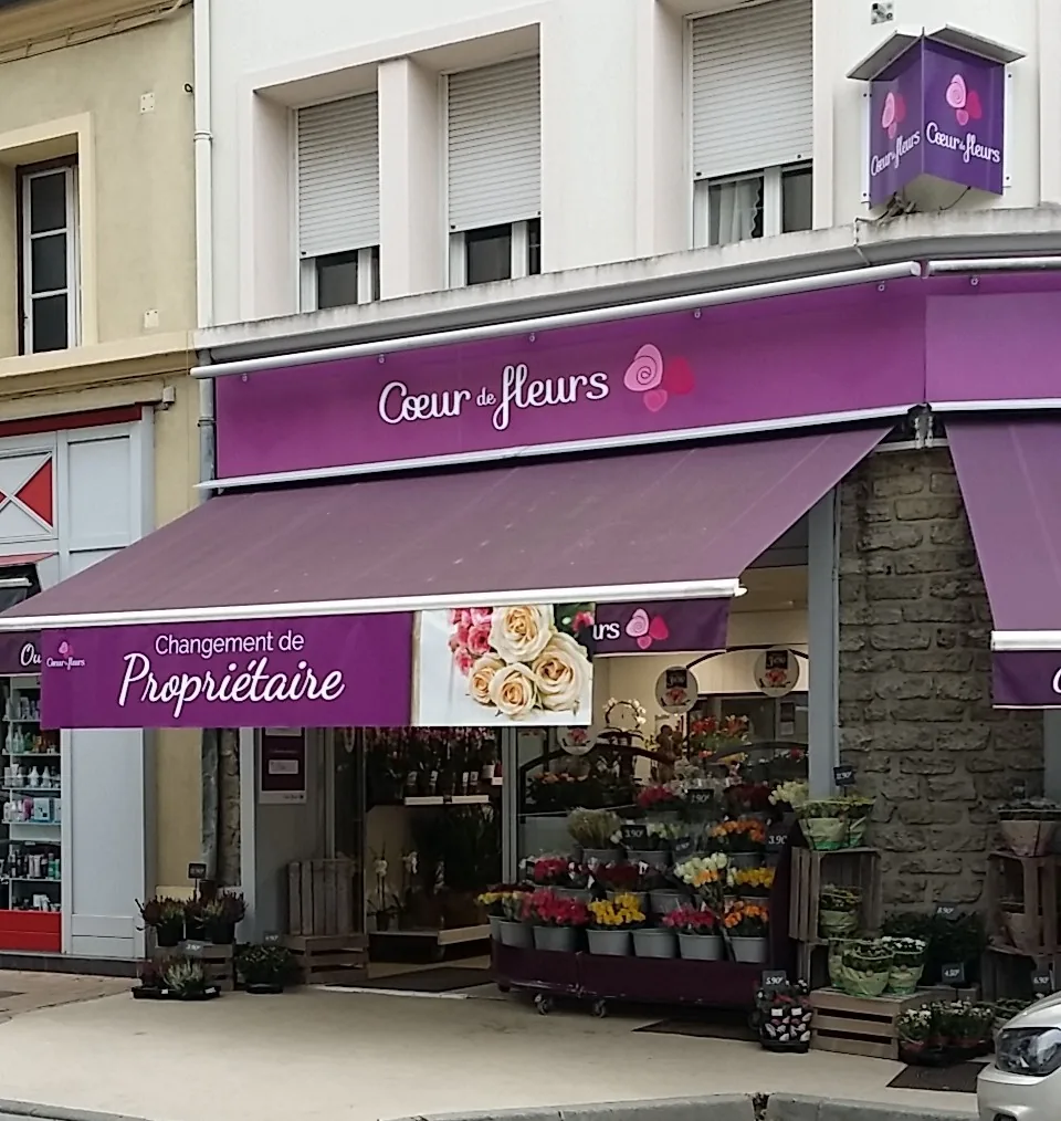 Devanture violette de la boutique et étal de fleurs sur le trottoir