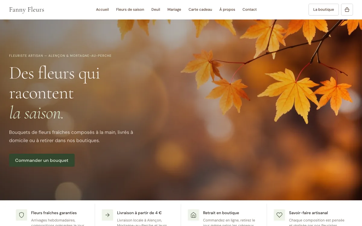 Page d’accueil du site de Fanny fleurs Alençon, capture d’écran