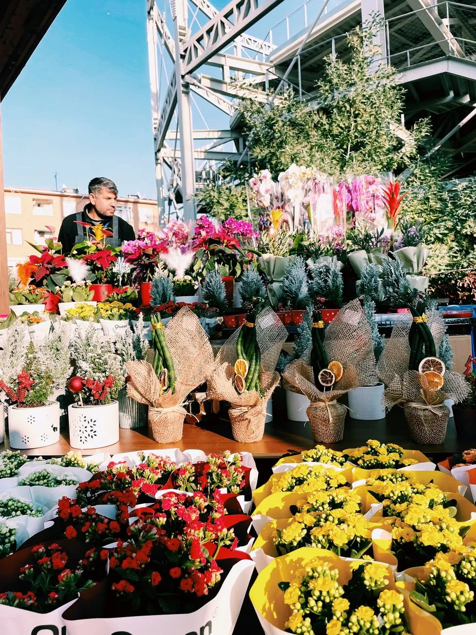 Assortiment coloré de fleurs coupées sur un étal de marché en plein air, avec un vendeur à l'arrière-plan