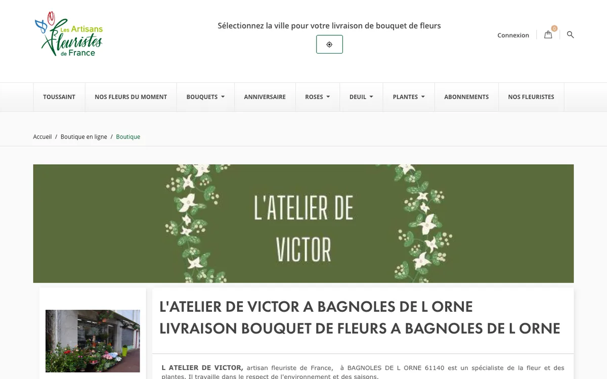 Page de L Atelier de Victor sur le site artisansfleuristesdefrance.com, capture d’écran