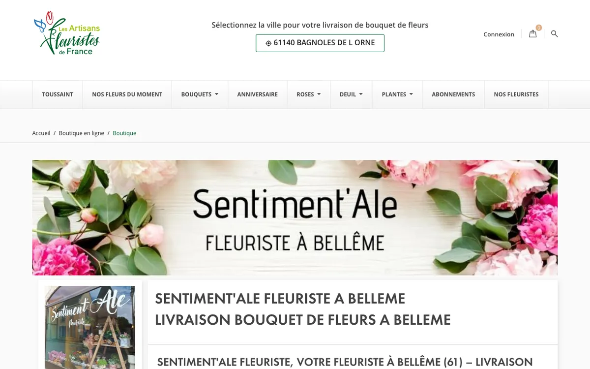 Page de Sentiment'Ale sur le site artisansfleuristesdefrance.com, capture d’écran