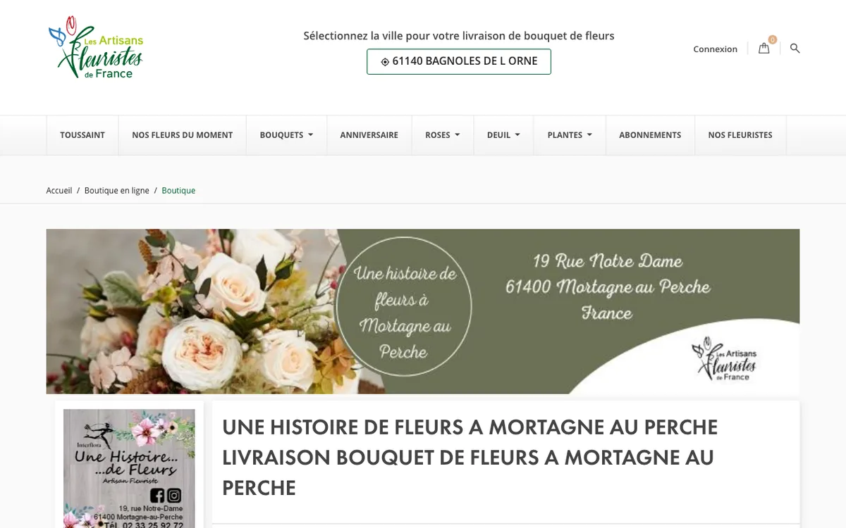 Page de Une Histoire De Fleurs sur le site artisansfleuristesdefrance.com, capture d’écran